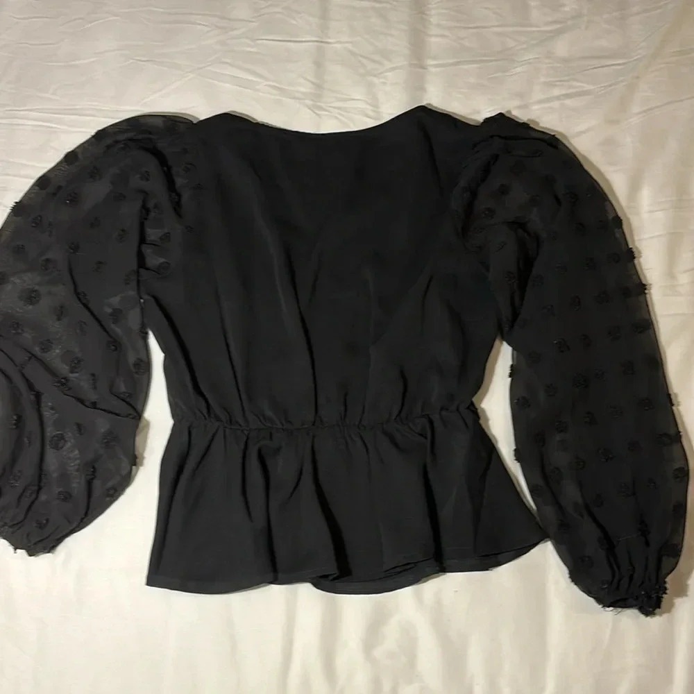 Peplum V-Neck Long Balloon Sleeve Swiss Dot Black Blouse - Picture 10 of 13